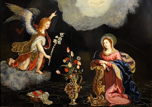 "Annunciation" - Oil on slate plate, - 18th century